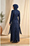 Beaded Tulle Hijab Evening Dress 5730-02 Navy Blue - 5