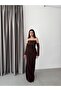 Brown Satin Evening Dress with Sleeve Detail - 4