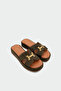 Sergio Genuine Leather Women's Khaki Slippers with Gold Accessories