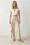 Women's Stone Layered Wide Leg Linen Trousers with Tie Detail Pnt-19000413