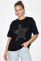 Women's Black Stone Embroidered Star Detailed 100% Cotton Oversize T-Shirt Öt100003 60286297