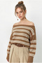 Women's Camel Boat Neck Striped Knitwear Sweater 34105 60283909 - 3