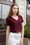Women's V-Neck Short Sleeve Lycra Span Fabric Stylish T-Shirt Blouse-Burgundy - 5