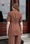 Women's Lycra-Free Linen-Look Fabric Collared Flato Pocketed Short Sleeve Blazer Jacket - Brown - 6