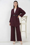Women's V-Neck Belted Burgundy Two-Piece Set - 2
