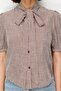 4900 Women's Gingham Patterned Scarf Collar Balloon Sleeve Shirt Brown - 6