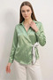 Women's Double-Breasted Collar Belted Waist Satin Green Shirt - 2