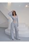 Women's Gray Spanish Sleeve Double Breasted Crop Blouse and Wide Leg Pants Set - 6