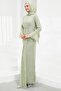 Mint Green Stone Lace Evening Dress with Flounces on the Sleeves - 4