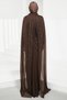 Brown Shoulder Cape Pearl Embellished Evening Dress - 6