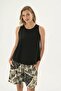 21517 Black Beige Patchwork Tropical Patterned Thick Strap Shorts Set