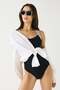 Black and White Striped Strap Recovery Swimsuit 7790 Black - 4
