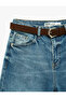 Belted Cotton Regular Waist Wide Leg Denim Trousers with Pockets - Wide Leg Jean - 3