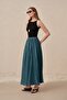 Green Elastic Waist Lined Tencel Flared Skirt - 2