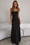New Season Women's Black Flowy Sandy Fabric Rope Strap Round Neck Maxi Dress - Timeless Elegance Series - 2
