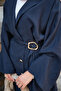 Women's Gold Button Detail Elastic Waist Pants Suit Navy Blue - 10