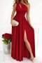 Women's Off-The-Shoulder Asymmetrical Collar Detailed Slit Maxi Length Janjan Crepe Dress - 3