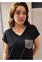 Stone Pocket V-Neck Black Basic Blouse
