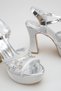 Silver Patent Leather Pearl-Embellished Handcrafted Tulle Detailed Platform Thick High Heeled Evening Dress Sandals - 3