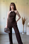 Halter Neck Asymmetrical Brown Trouser Suit with Gold Accessories - 7