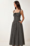 Striped Corset Look Poplin Midi Dress Lub0374 Black - 3