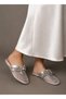 Women's Silver Patent Leather Large Stone Buckle Transparent Mesh Detailed Oval Toe Open Back