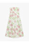 Cotton Pleated Detailed Floral Patterned Strapless Midi Poplin Dress - 2