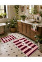 Burgundy Striped Bonjour Written Bath Mat with Dot Base and Velvet Top
