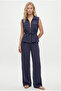 Women's Lucy Woven Modal Sleeveless Zippered Vest Elastic Waist Pants Navy Blue Bottom Top Set - 3