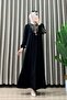 Zübeyde Dress Viscose Fabric Women's Black Hijab Dress with Embroidered Sleeves and Collar, Tassel Tied Detail