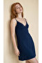 Navy Blue Viscose Lace Detailed Short Sleeve Nightgown