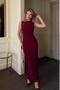 Burgundy Crew Neck Lined One Shoulder Low Cut Women's Tulle Midi Dress - 3