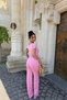 Women's Pink Boat Neck Blouse Pants Cotton Set - 4