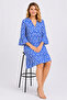 Women's Plus Size Cobalt Blue, V-Neck, Three-Quarter Sleeves, Knitted Viscose Fabric, Patterned Dress 65N39543 - 5