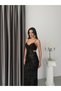 Black Belted Long Evening Dress with Straps - 3