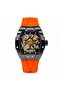 Edge IN1033 Men’s Analog Quartz Watch Neon Orange Silicone Strap Skeleton Dial Black Tonneau Case Date Display