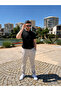 Black Men's Polo Collar Buttoned Short Sleeve T-Shirt - 3