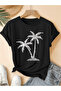 Pearl detail palm tree printed premium oversize t-shirt for women