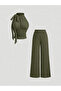 Khaki Halter Neck Tie-Up Chest Rose Crop Top and Wide-Leg Bottom Set