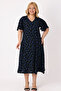 Women's Plus Size Black Floral Patterned Flounced Short Sleeve V-Neck Viscose Dress - 2
