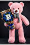 Pink Large Plush Teddy Bear with Leopard Pattern, Blue Rose Bouquet and Mini Teddy Bears with Hearts - Special Day Gift for Your Loved One - 2