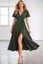 Women's short sleeve double-breasted collar waist belted slit midi viscose dress - 3