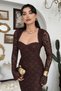 Lace Detailed Long Evening Dress Square Neck Long Sleeve Bodycon Dress for Events and Special Occasions - 3