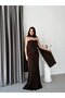 Brown Strapless Floral Motif Long Evening Dress with Shawl Detail - 2