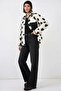 Women's Stand Collar Oversize Heart Patterned Light White Jacket - 4
