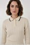 Women's Polo Collar Belted Vertical Striped Pattern Knitwear Cream Double Set - 2