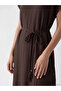 Brown V-Neck Belted A-Line Textured Dress - 3