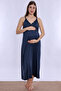 Cotton Rope Strap Maternity Nightgown with Breastfeeding Feature Effortt - Navy Blue