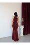 Burgundy draped halter neck stone evening dress - 5