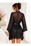 Noir Belle Black Lace Detailed Belted Nightgown and Robe Set - 5